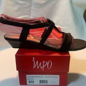 8M Impo wedge shoes in Brown with Bronze accent. Lycra stretch straps.